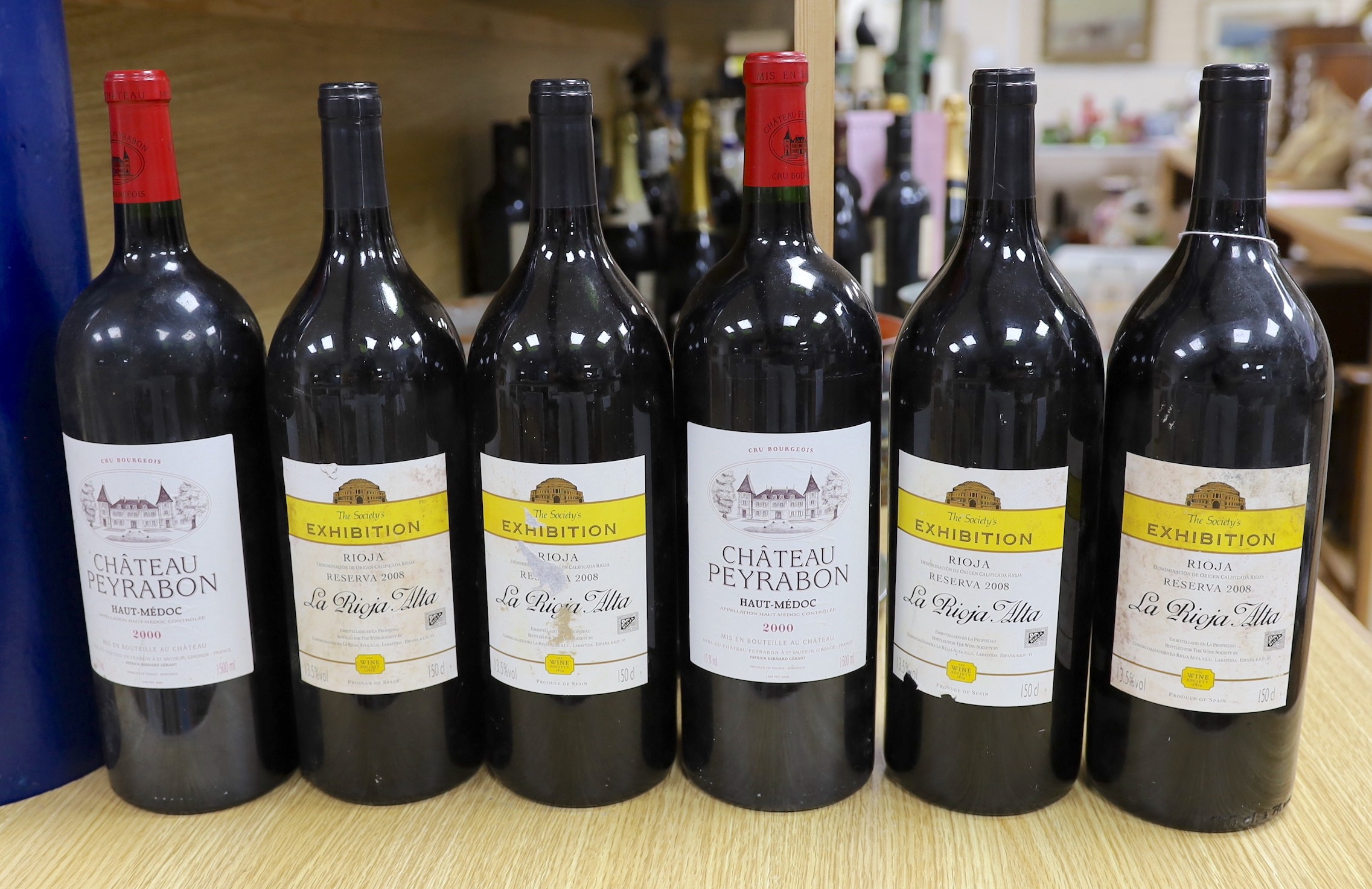 Six bottles of magnum wine, to include four La Rioja Alta 2008 and two Château Peyrabon 2000
